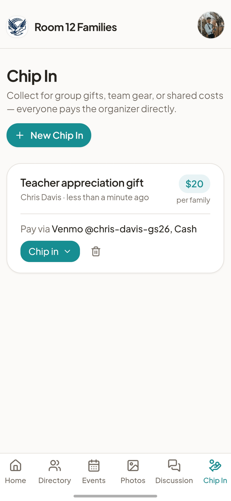 The Chip In group payment helper in Group Space