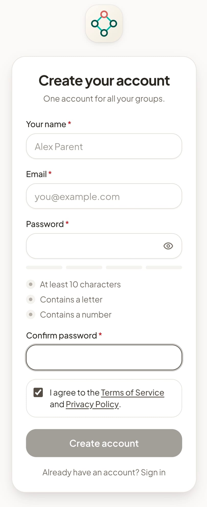 The Create your account screen in Group Space, with fields for your name, email, and a password