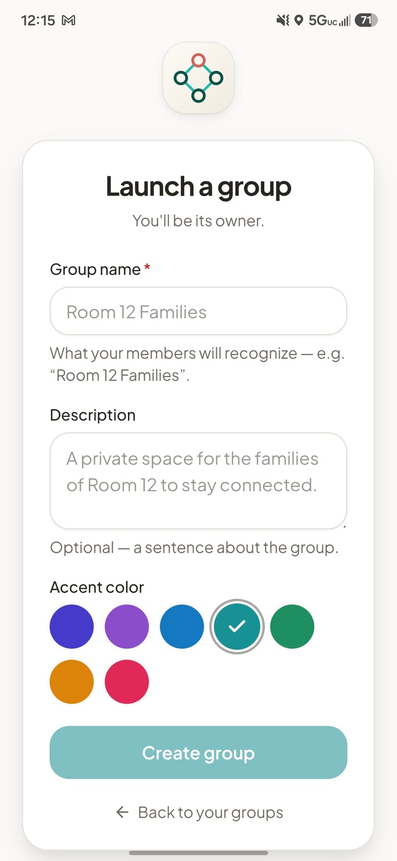The Launch a group screen in Group Space, with a group name, description, and accent colour