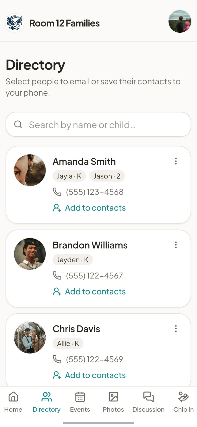 The member directory in Group Space, showing families with contact details