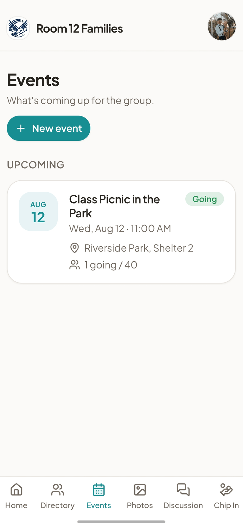 The events list in Group Space with RSVP counts