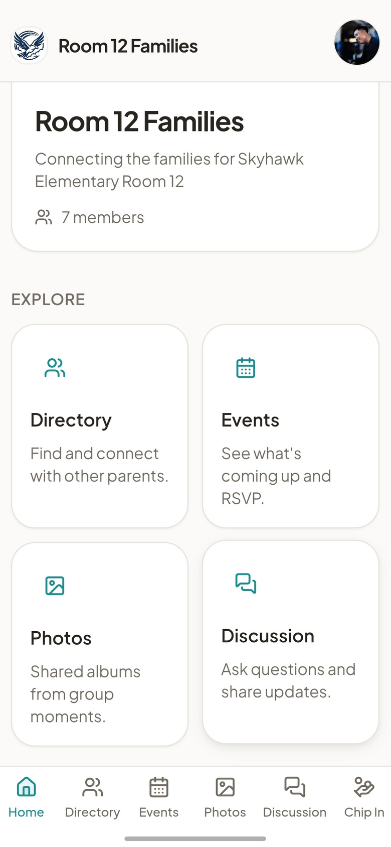 Group Space on a phone, set up for a room parent