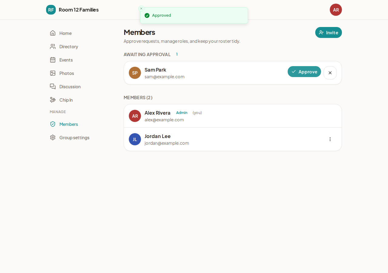 The Members screen in Group Space, with one person awaiting approval and an Approve button beside their name