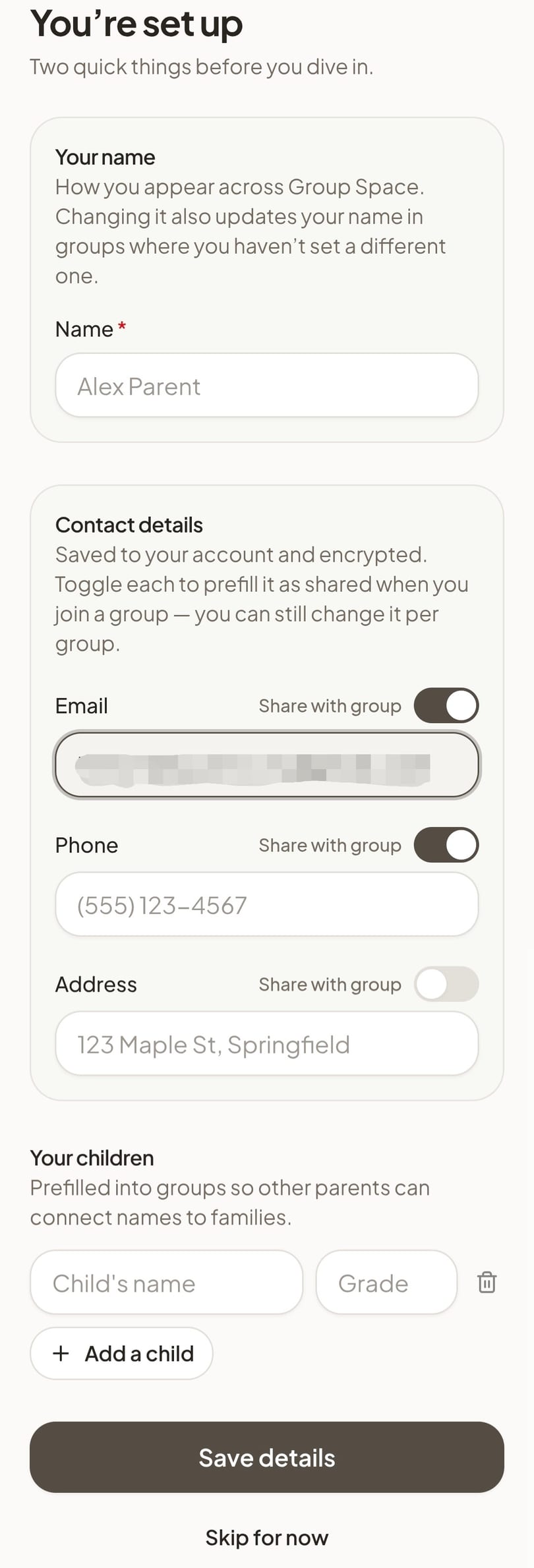 The You're set up screen in Group Space, with contact fields each carrying their own Share with group switch